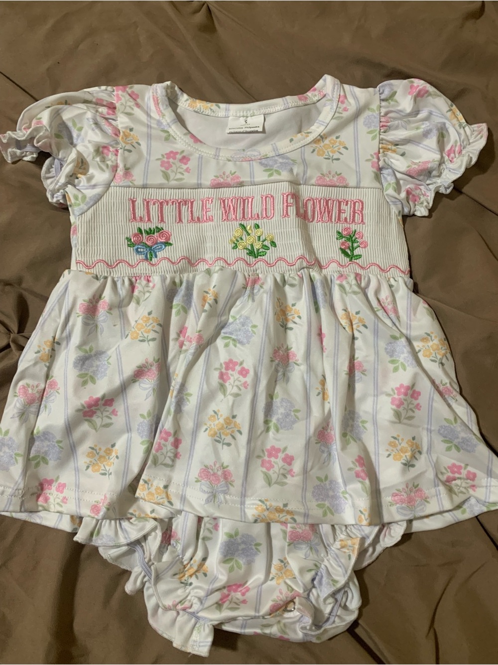Little Wild Flower Floral Baby Dress and Bloomer Set - White with Pastel Flowers